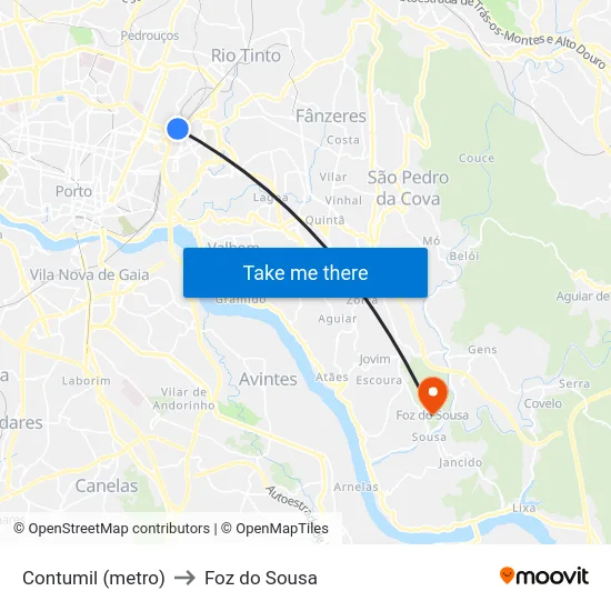 Contumil (metro) to Foz do Sousa map