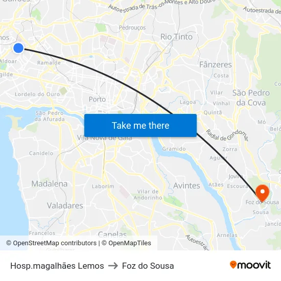 Hosp.magalhães Lemos to Foz do Sousa map