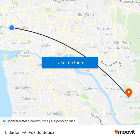 Lidador to Foz do Sousa map