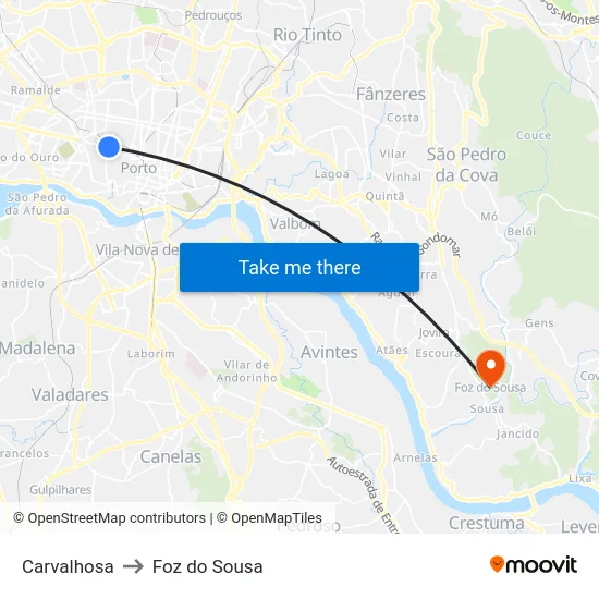 Carvalhosa to Foz do Sousa map