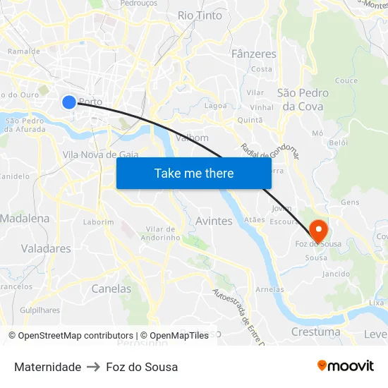Maternidade to Foz do Sousa map