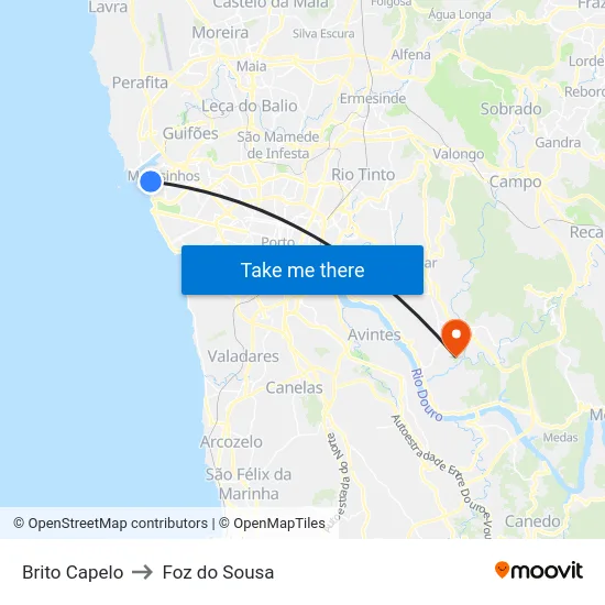 Brito Capelo to Foz do Sousa map