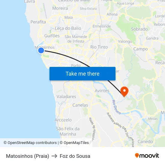 Matosinhos (Praia) to Foz do Sousa map