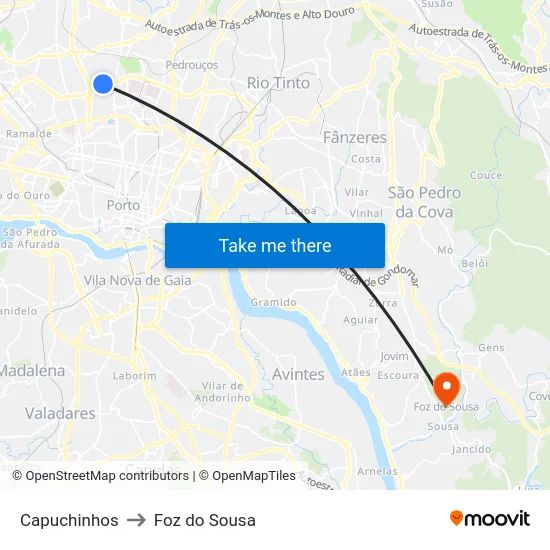 Capuchinhos to Foz do Sousa map