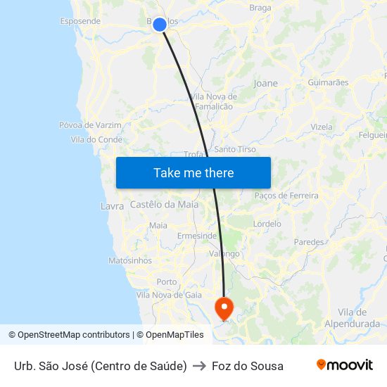 Urb. São José (Centro de Saúde) to Foz do Sousa map