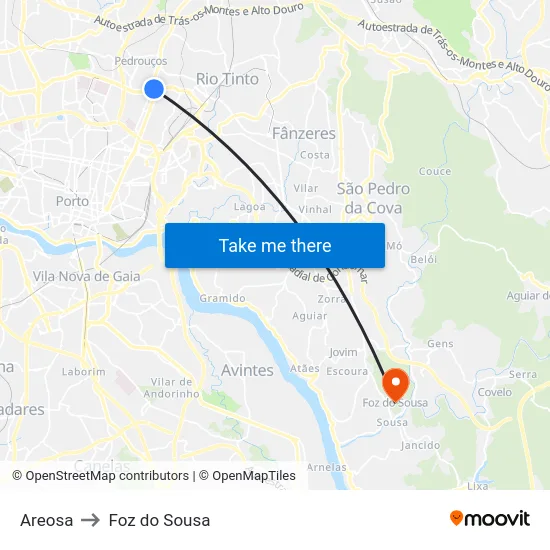 Areosa to Foz do Sousa map