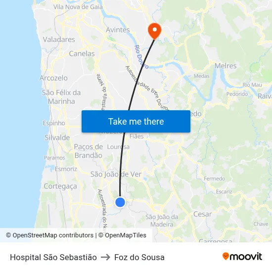 Hospital São Sebastião to Foz do Sousa map
