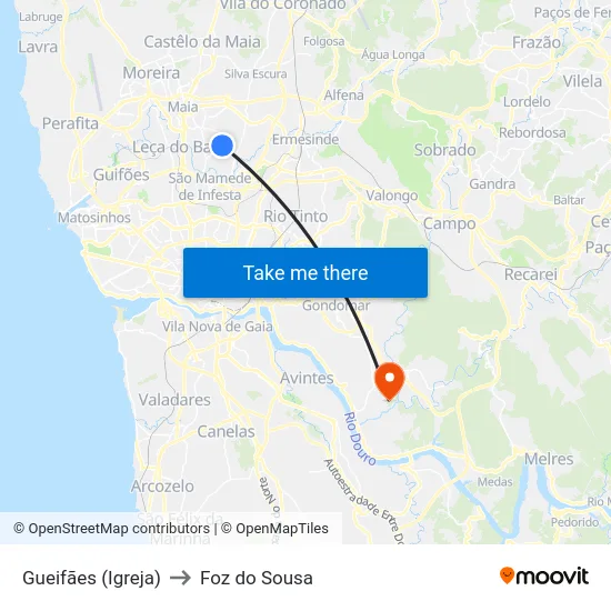 Gueifães (Igreja) to Foz do Sousa map