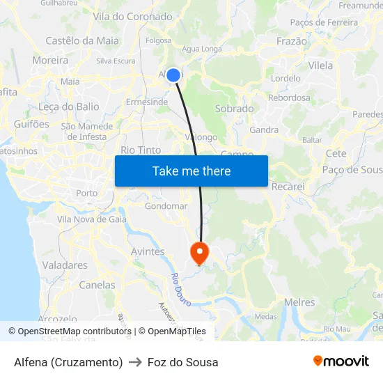Alfena (Cruzamento) to Foz do Sousa map