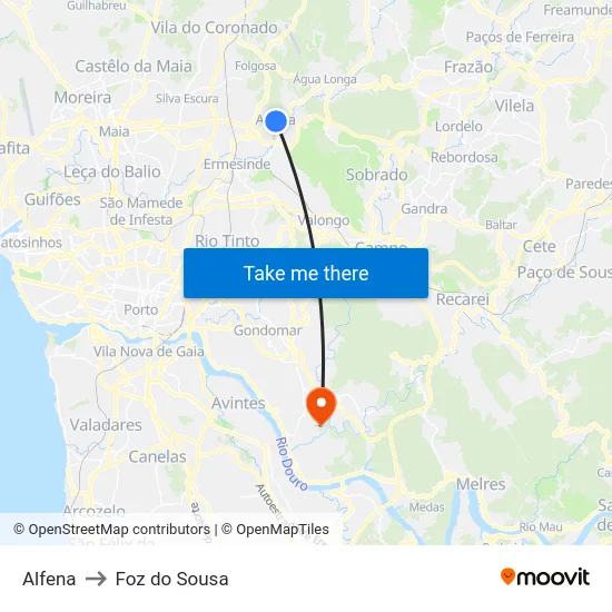 Alfena to Foz do Sousa map
