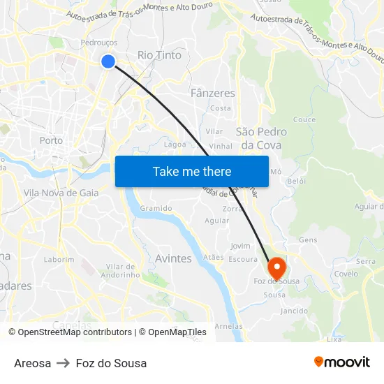 Areosa to Foz do Sousa map