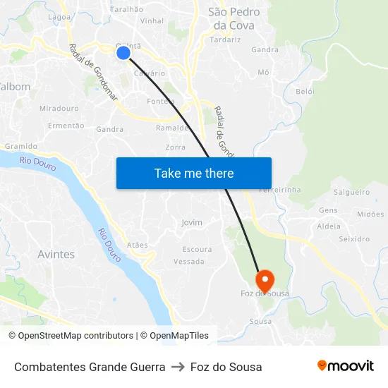 Combatentes Grande Guerra to Foz do Sousa map