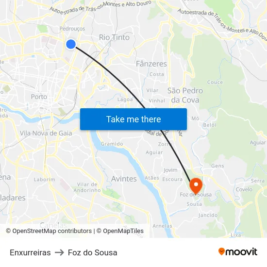 Enxurreiras to Foz do Sousa map