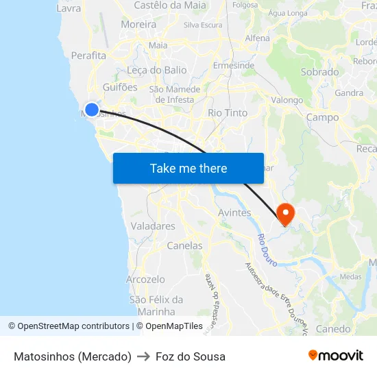 Matosinhos (Mercado) to Foz do Sousa map