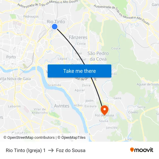 Rio Tinto (Igreja) 1 to Foz do Sousa map