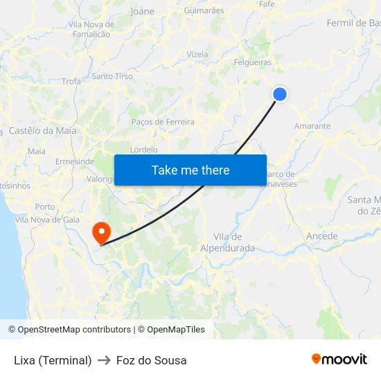 Lixa (Terminal) to Foz do Sousa map