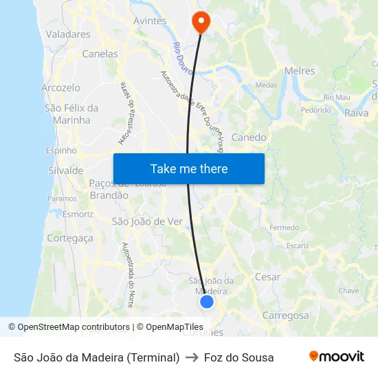 São João da Madeira (Terminal) to Foz do Sousa map
