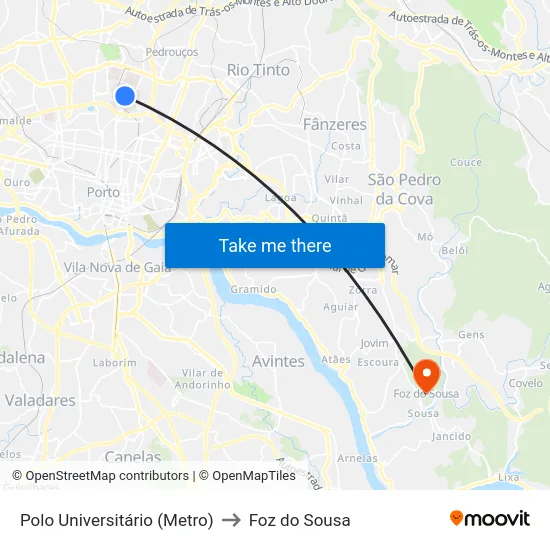 Polo Universitário (Metro) to Foz do Sousa map