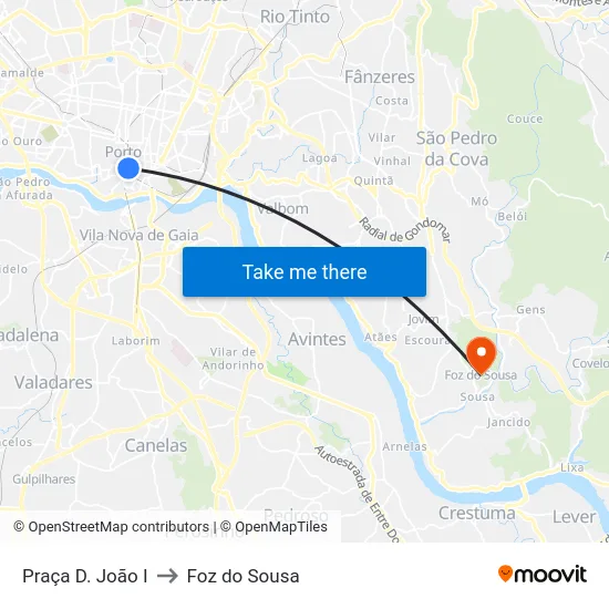Praça D. João I to Foz do Sousa map
