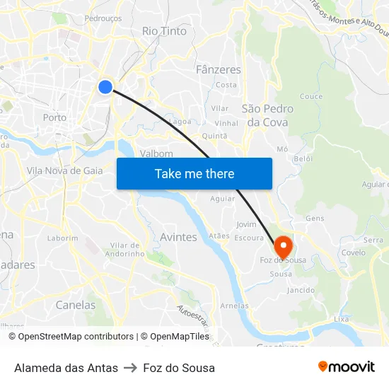 Alameda das Antas to Foz do Sousa map