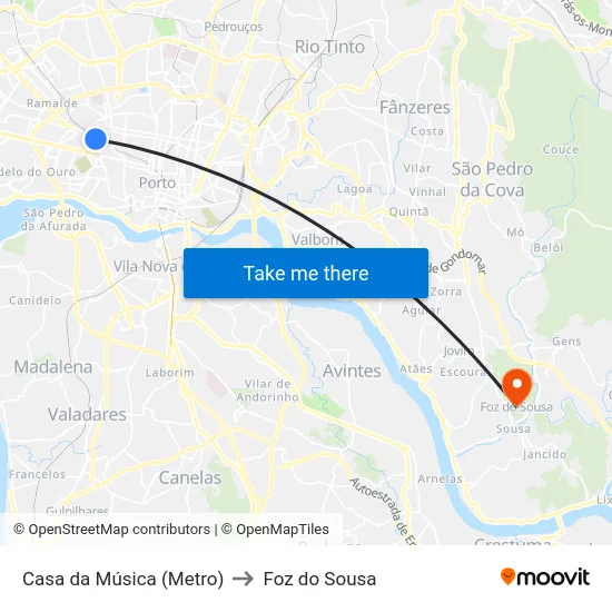 Casa da Música (Metro) to Foz do Sousa map