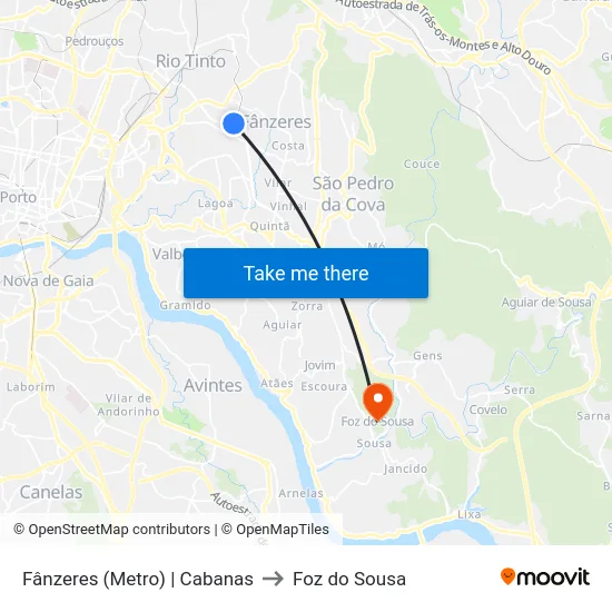 Fânzeres (Metro) | Cabanas to Foz do Sousa map