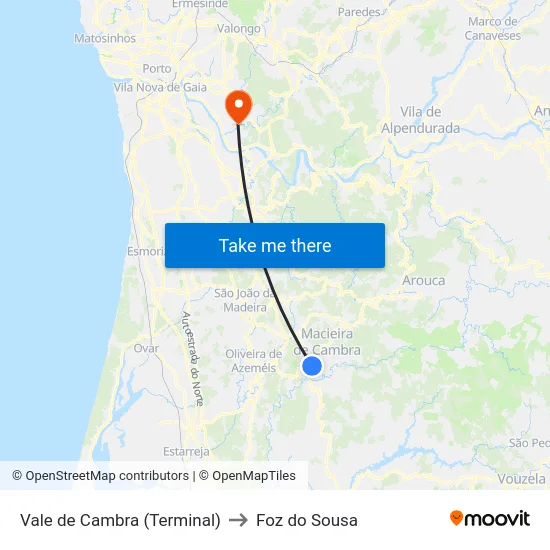 Vale de Cambra (Terminal) to Foz do Sousa map