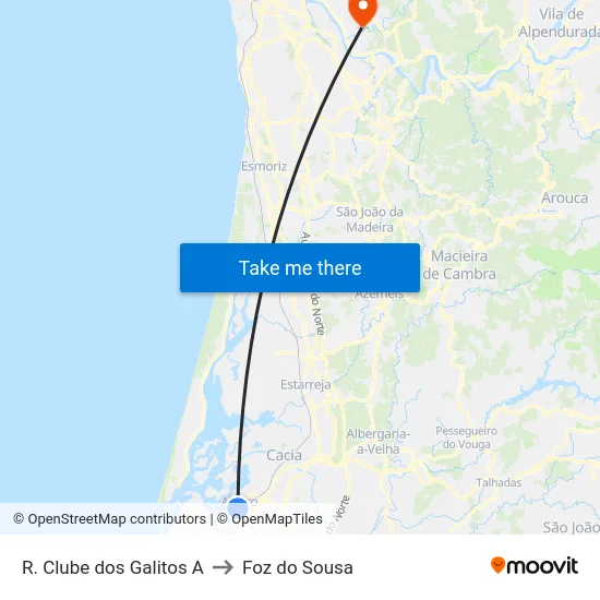 R. Clube dos Galitos A to Foz do Sousa map