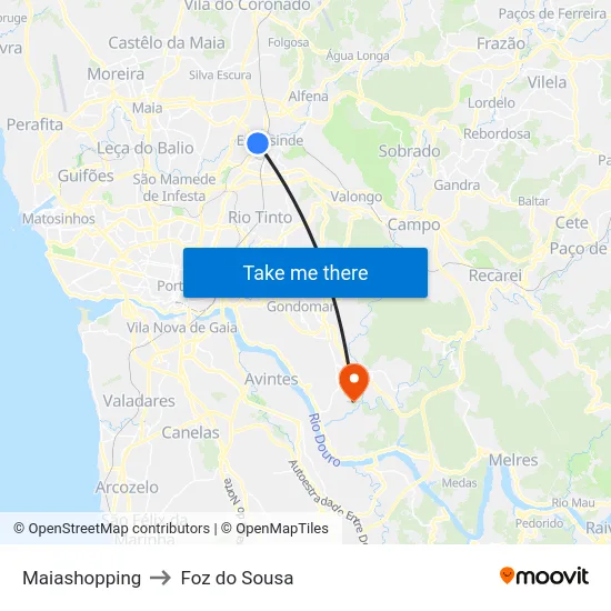Maiashopping to Foz do Sousa map