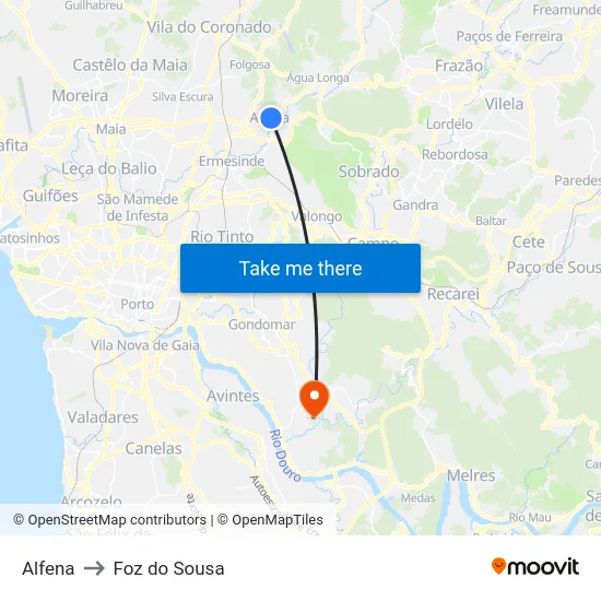 Alfena to Foz do Sousa map