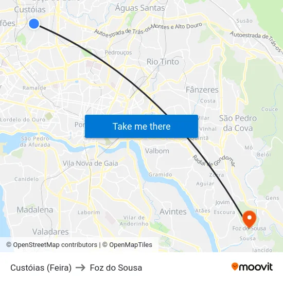 Custóias (Feira) to Foz do Sousa map