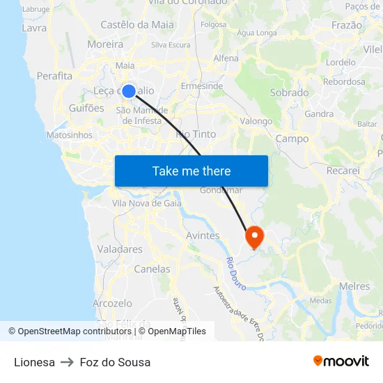 Lionesa to Foz do Sousa map