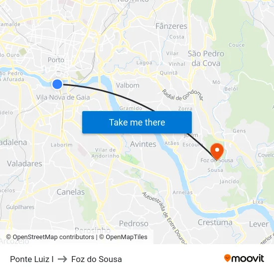 Ponte Luiz I to Foz do Sousa map