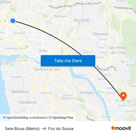 Sete Bicas (Metro) to Foz do Sousa map