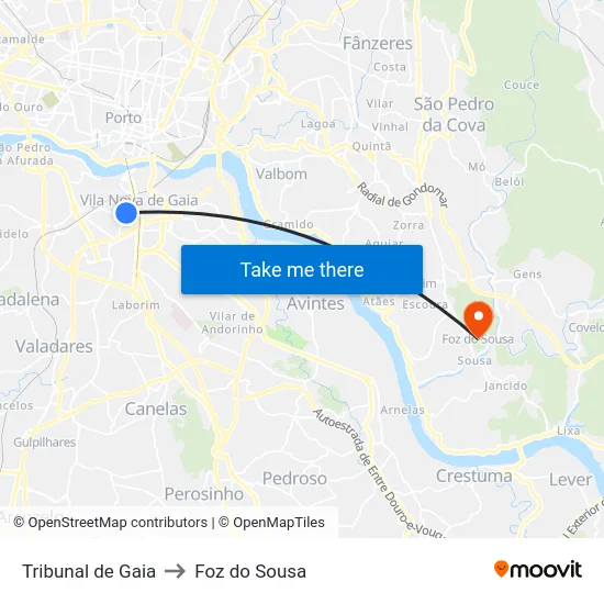 Tribunal de Gaia to Foz do Sousa map