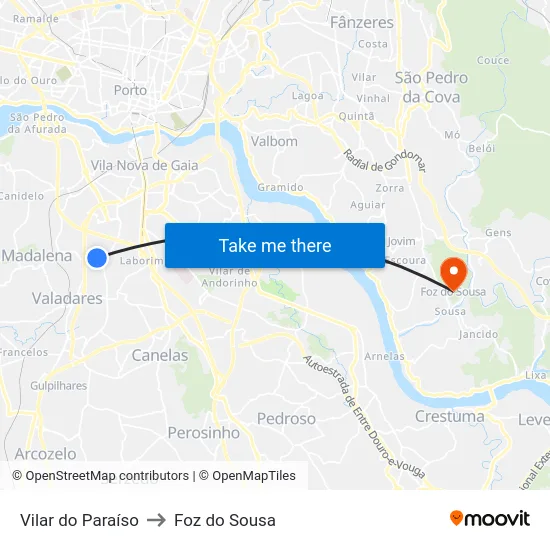 Vilar do Paraíso to Foz do Sousa map