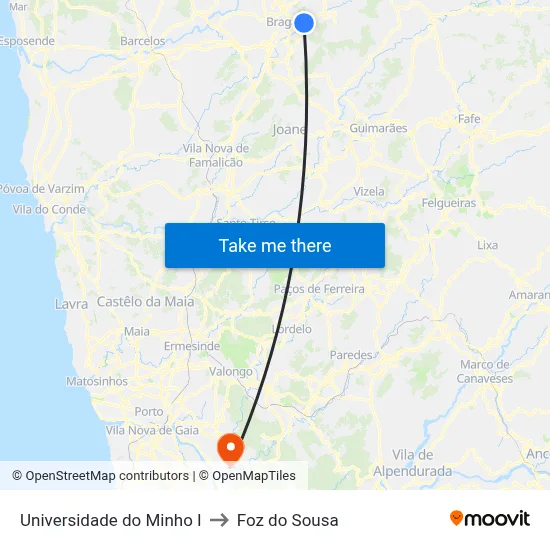 Universidade do Minho I to Foz do Sousa map