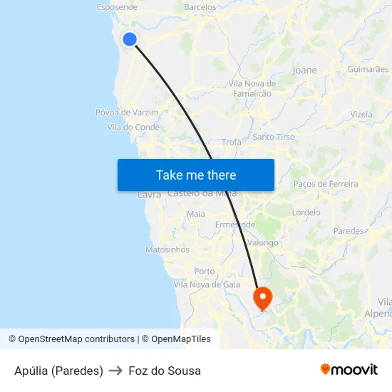 Apúlia (Paredes) to Foz do Sousa map