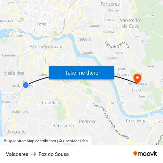 Valadares to Foz do Sousa map