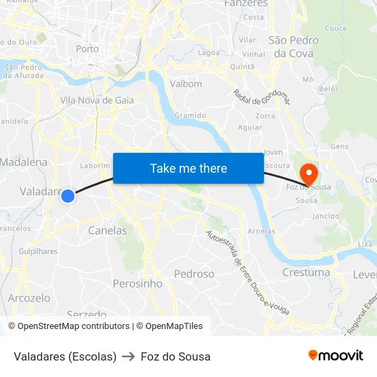 Valadares (Escolas) to Foz do Sousa map
