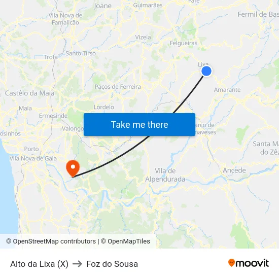 Alto da Lixa (X) to Foz do Sousa map