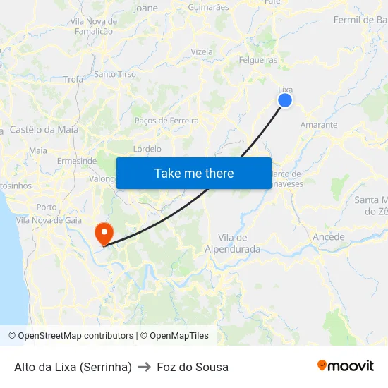 Alto da Lixa (Serrinha) to Foz do Sousa map