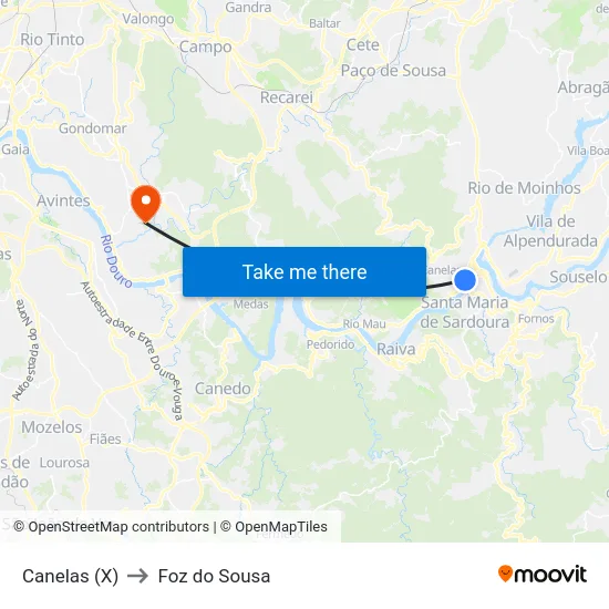 Canelas (X) to Foz do Sousa map