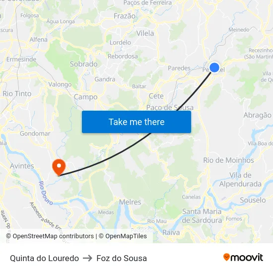 Quinta do Louredo to Foz do Sousa map
