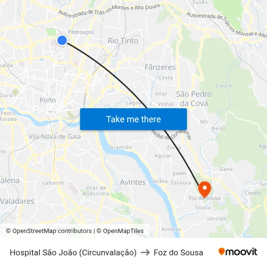 Hospital São João (Circunvalação) to Foz do Sousa map