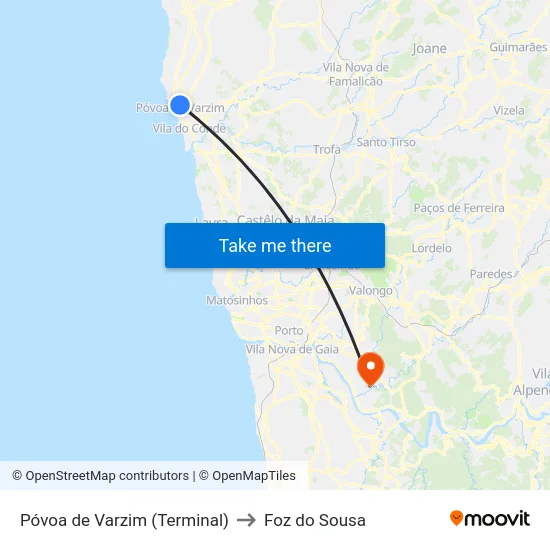 Póvoa de Varzim (Terminal) to Foz do Sousa map