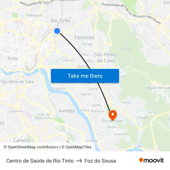 Centro de Saúde de Rio Tinto to Foz do Sousa map