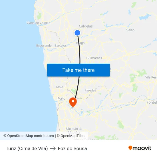Turiz (Cima de Vila) to Foz do Sousa map