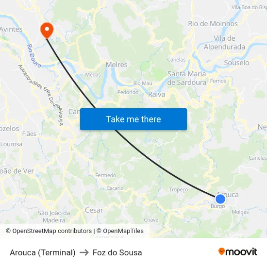 Arouca (Terminal) to Foz do Sousa map