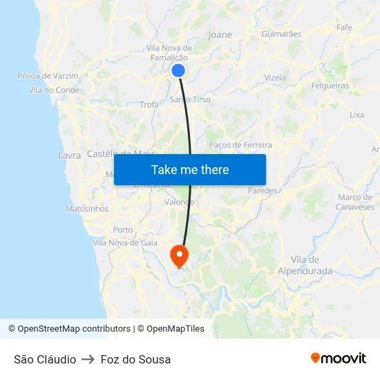 São Cláudio to Foz do Sousa map